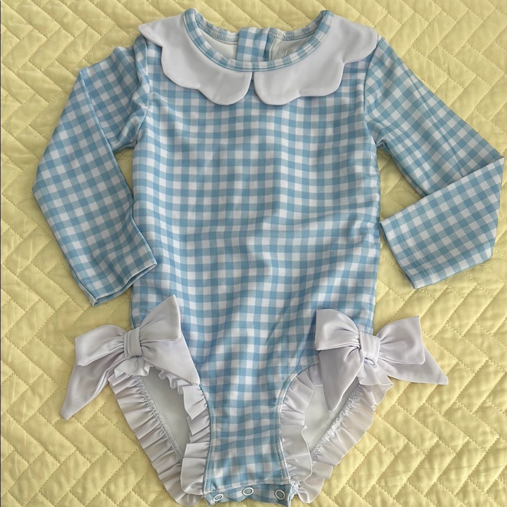 Blue Gingham Baby Bodysuit with White Collar